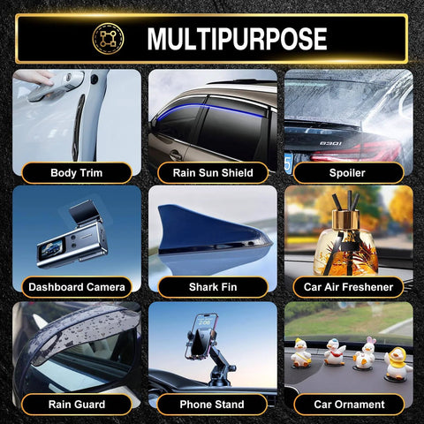 Collage of automotive uses for Heavy Duty Double Sided Tape For Cars Removable Traceless Nano Tape For Rear Spoiler Wing And Rain Guard Side Mirror Rain Guard Dashcam Securing Interior And Exterior Car Accessories 1.18 Inch By 16.4 Feet