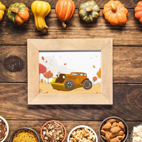 Framed artwork with vintage car illustration surrounded by autumn theme, related to Four Piece Vehicle Cutting Dies Set For Card Making.