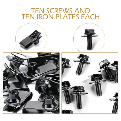 20 Piece Car Body Bolt And U Nut Clamp Kit For Universal Car Fit, showing 10 screws and 10 iron plates in black metal.