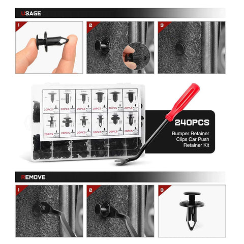 240 Piece Car Bumper Retainer Clips Kit With Plastic Rivets Fasteners For Toyota Honda Acura GM Ford Chrysler Door Trim Panel Clips Heavy Duty Auto Fastener Set Easy Removal Save Time And Money 2 Years Warranty, shown with storage case and removal tool.