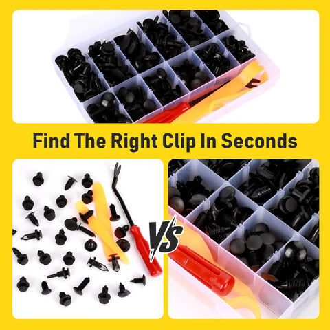Top view of Go-To 240-Piece Car Bumper Retainer Clips Kit with compartments showing black plastic rivets and red tool included.