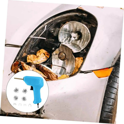 DIY Dope Hot Stapler Plastic Welding Kit With Staples For Quick Car Bumper And Headlight Repairs shown repairing damaged headlight