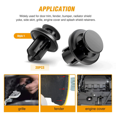Close-up view of nylon fastener from 120 Piece Car Bumper Push Retainer Clip Kit With Nylon Fasteners And Rivets 6mm To 10mm Size Range Includes 6mm 7.6mm 8mm 8.8mm 10mm Clips Door Trim Panel Fasteners And One Remover Tool Black, used on grille, fender, and engine cover.