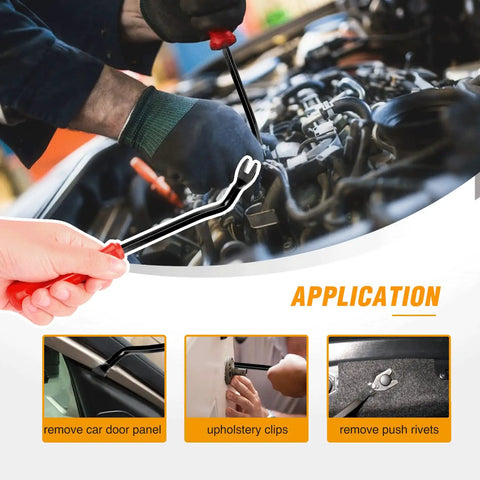 Person using 120 Piece Car Bumper Push Retainer Clip Kit With Nylon Fasteners And Rivets 6mm To 10mm Size Range Includes 6mm 7.6mm 8mm 8.8mm 10mm Clips Door Trim Panel Fasteners And One Remover Tool Black in engine repair application