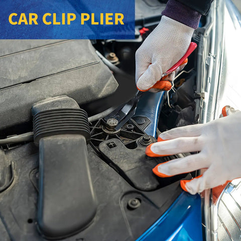 Easy Grip Car Clip Removal Kit 3 Pack Pliers Set in use on car engine, removing fasteners, shown with gloves on hands.