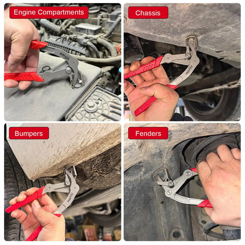 Car Clip Pliers For Auto Fasteners with red handles used in engine, chassis, bumpers, and fenders for panel clip removal.
