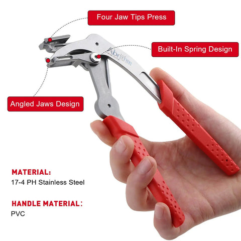 Side view of Car Clip Pliers For Auto Fasteners With Built In Spring And Easy Lever, stainless steel body, red PVC handle