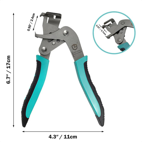 Car Clip Pliers and Auto Trim Removal Tools with dimensions, featuring spring-loaded alloy steel design for interior panel trim removal.
