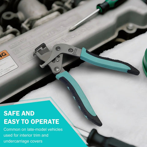 Car Clip Pliers and Auto Trim Removal Tools on engine, Easy to Use Snap Pliers for Fasteners Buckles and Rivets, Damage Free Clip Removal Tool for Interior Panels and Door Trim, Versatile Automotive Disassembly Kit displayed on a car engine.