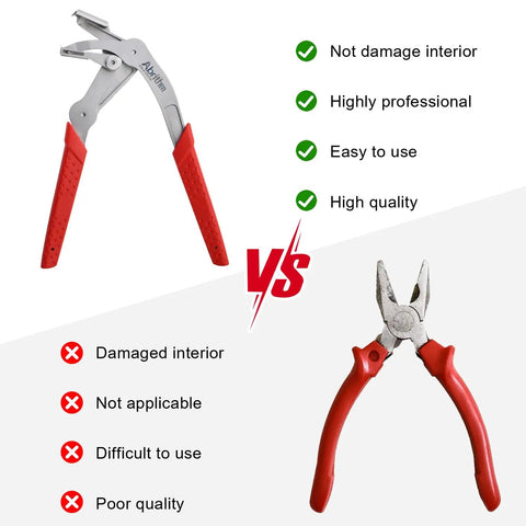 Comparison of two red-handled pliers, Car Clip Pliers For Auto Fasteners With Built In Spring And Easy Lever For Quick No Fuss Damage Free Removal