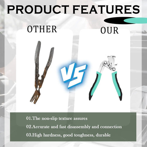 Comparison of No Fuss Car Clip Remover Pliers With Anti Slip Grip and a standard pliers pair, highlighting features.