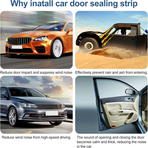 Automotive door weather stripping 20ft rubber edge seal with side bulb; four-panel collage shows cars and interior door.