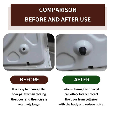 Comparison of before and after using 10 Pack Car Door Shock Absorber Cushions, Rubber Door Damper Pads for Quiet Close.