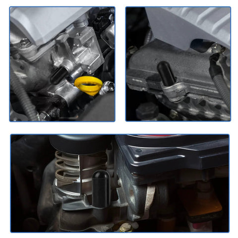 108-piece vacuum caps assortment; rubber cap installed on carburetor port, close-up view.
108-piece vacuum caps assortment; side view showing a rubber cap fitted to a vacuum port on the manifold.
108-piece vacuum caps assortment; installed on engine intake area, rubber cap sealing a port near a pulley.