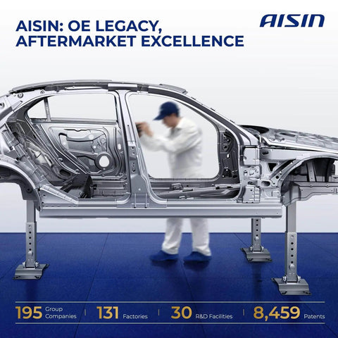 Car frame on assembly line with worker in background promoting Aisin aftermarket parts and legacy