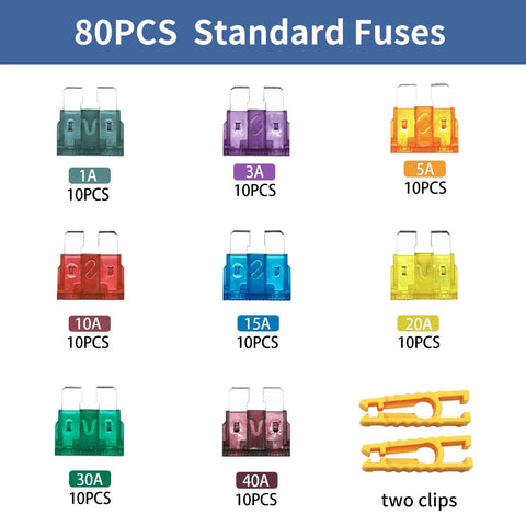80 Piece Car Fuse Kit With Common 1A 3A 5A 10A 15A 20A 30A 40A Blade Fuses For Car Truck RV Marine And Auto Accessories Easy Identification With Color Coded Transparent Cover And Durable Zinc Alloy Case
