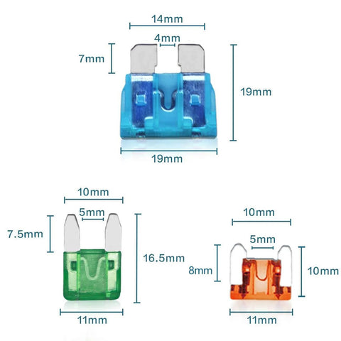 Diagram displaying different sizes of fuses from the Ultimate 282-Piece Car Fuse Kit With Blade Type, Standard, Mini And Low Profile Mini Fuses From 2A To 30A For Cars, RVs, Trucks, And Motorcycles Replacement Auto Electrical Gear Must-Have.