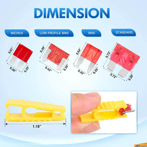 Image showing dimensions of Micro2, Low Profile Mini, Mini, and Standard fuses from DIY Ready Car Fuses Kit 372 Piece Assortment.