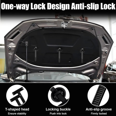 Universal Nylon Cable Tie Buckles With Wire Cutter 100 Pcs Self Locking Zip Tie Clips shown securing car hood
