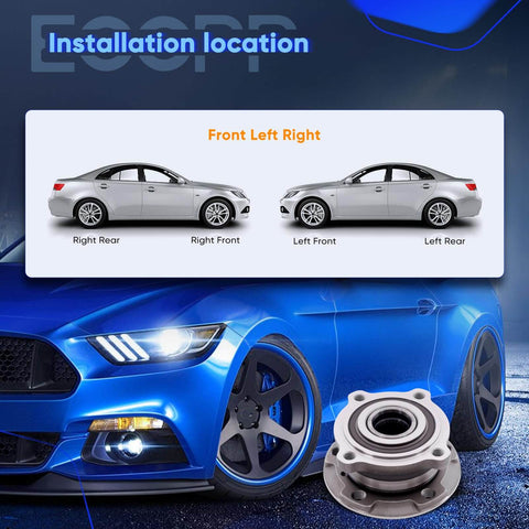 Beefed Up Front Wheel Hub Bearing Assembly 513305 for BMW X5 and X6 shown with car installation guide