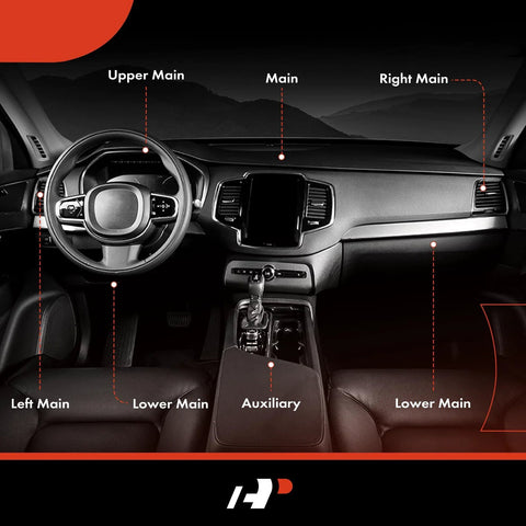 A-Premium HVAC heater blend door actuator for Ford Mustang 2005-2009; black interior dash with airflow zone labels.