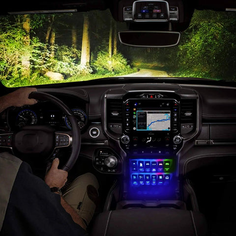 Driving scene with heavy duty 12V LED light bar wiring harness kit showing waterproof switch and rocker switch in night setting.