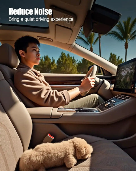 Man driving a car with a sleeping dog beside him, promoting a quiet driving experience.