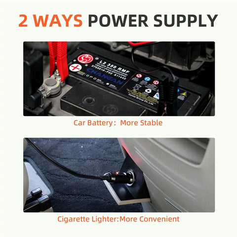 Two power supply options for the All In One 5 Ton Electric Car Jack Set With Integrated Tire Pump And Impact Wrench By Trihelper