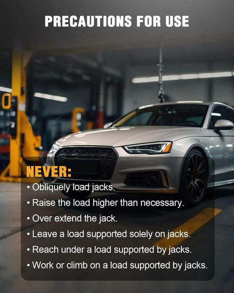 Car in garage with list of precautions for using hydraulic jacks, showing safety guidelines.