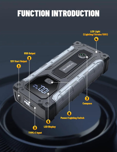 High Power 5000A Car Jump Starter Lithium Battery Pack with LED light, USB output, compass, and digital display.