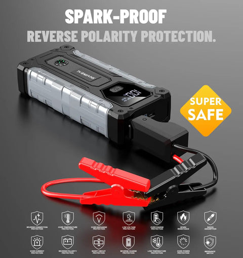 High Power 5000A Car Jump Starter Lithium Battery Pack For 10.0L Gas And 9.0L Diesel Engines with LED light, front view.