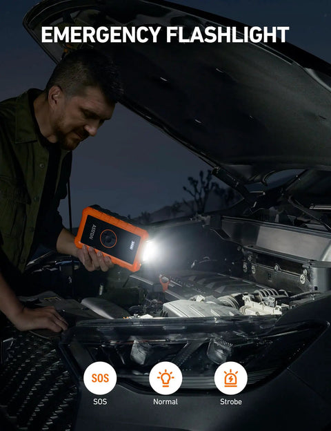 Man using S8 Air Jump Starter With Air Compressor, 3000A Peak Power For 9.0 Gas And 6.5L Diesel, Portable Battery Booster.