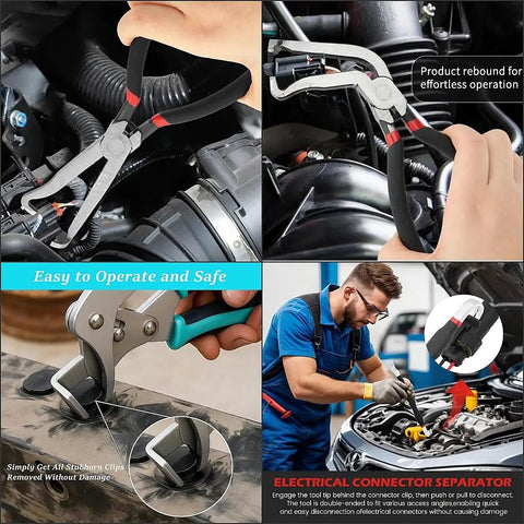 All In One Car Clip Pliers Set For Auto Disassembly, Multi Function Snap Ring Pliers And Electrical Disconnect Tools, shown in use