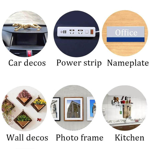 Heavy Duty Double Sided Tape For Car, Motorcycle, Home, Office And Outdoor Use, Waterproof, High Temperature Resistant Mounting Adhesive, Industrial Grade 5952 Style Bond, Half Inch By Twenty Two Feet shown with various applications including car decos, power strip, nameplate, wall decos, photo frame, and kitchen.