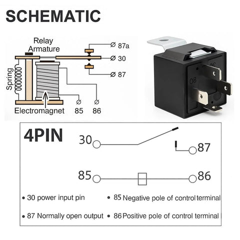 Car Relay Harness 12V 40A SPST 4 Pin With Built In Diode 12AWG Wiring schematic and relay component image
