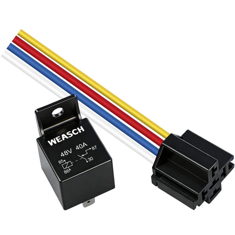 2 Pack 48V 40A Car Relay Harness With 4 Pin SPST, automotive relay and harness sockets with colored wires, heavy duty
