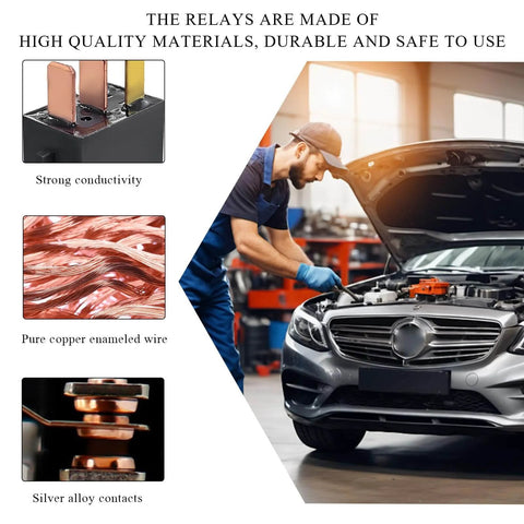 2 Pack Car Relay Kit 12V DC 4 Pin Starter And AC Relay installation in car engine bay with mechanic, copper wiring, and connectors