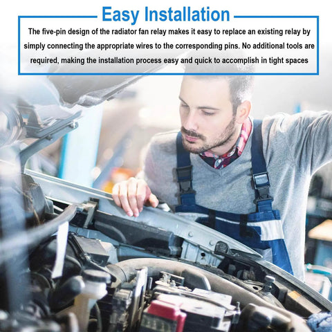 Mechanic installing 4 Pack 5 Pin 40A Waterproof 12V Car Relays in engine bay, showing ease of installation in all weather heavy duty auto relay kit.