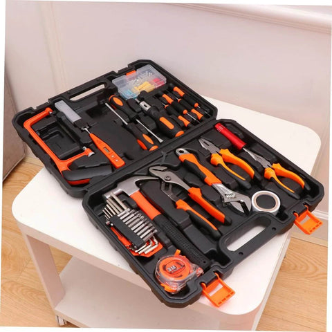 Open portable box showing Grab And Go Car Repair Tool Kit With Ratchet Wrench Set For Auto And Motorcycle Maintenance Multi Function Hand Tool Kit