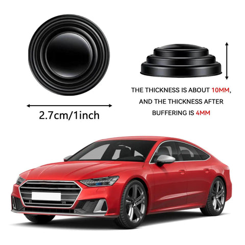 Car Door Shock Absorber Kit With Silicone Edge Guards And Anti Slam Cushions, showing size dimensions and thickness, car pictured
