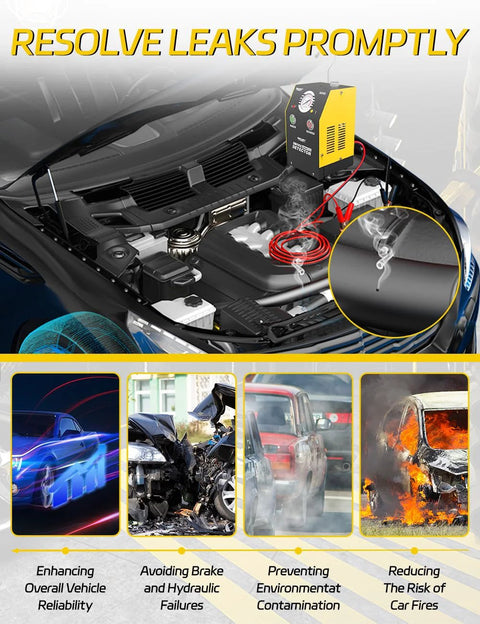 Solary car EVAP smoke tester installed in engine bay; yellow DC 12V unit used to detect vacuum leaks.