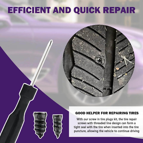 100PCS Car Tire Plug Kit with screwdriver, showing tire puncture repair with screw plugs in rubber nail, essential car accessories