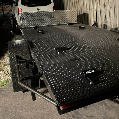 Trailer with Heavy Duty Wheel Chock Tie Down Kit With 4,500 Lb Break Strength For ATVs UTVs Lawn Mowers And Trailers