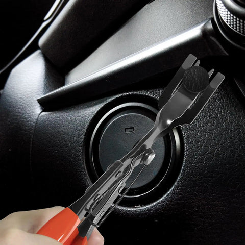 Auto Clip Pliers Set And Fastener Remover Kit For Car Trim 3 Piece with storage bag shown removing dashboard fastener