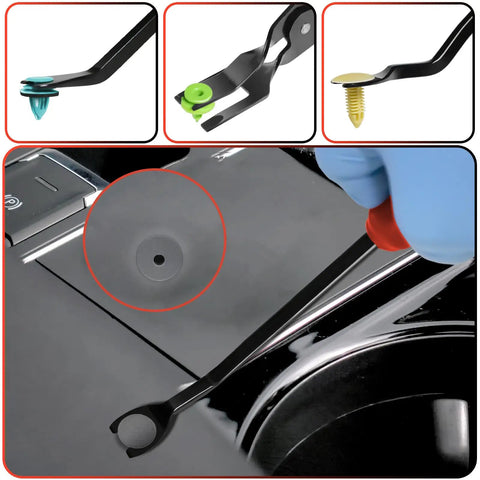 Close-up of Auto Clip Pliers Set And Fastener Remover Kit for Car Trim, showing usage on plastic fasteners.