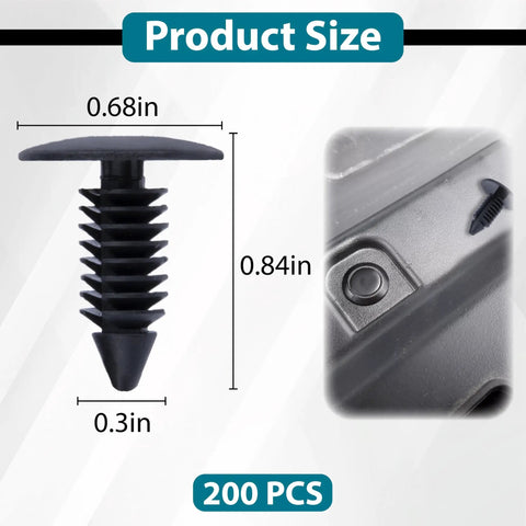 Product image showing size details of 200 Pack Car Plastic Trim Boot Rivets Push Clips Fasteners Universal 7.6 Mm Hole
