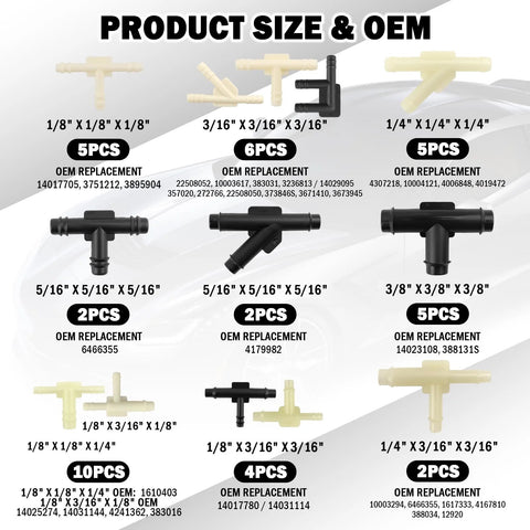 Car vacuum hose connector kit, 91 pieces, 32 types; plastic fittings in 1/8–3/8 in sizes, heat‑resistant.