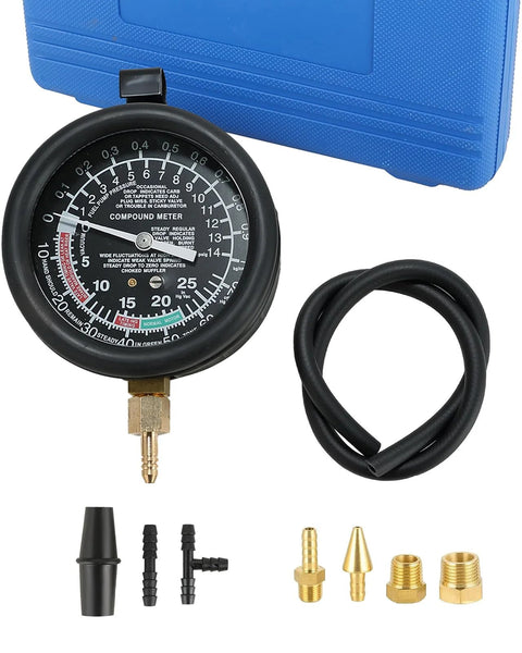 DASBET car vacuum and fuel pump tester gauge kit with blue case and assorted brass adapters