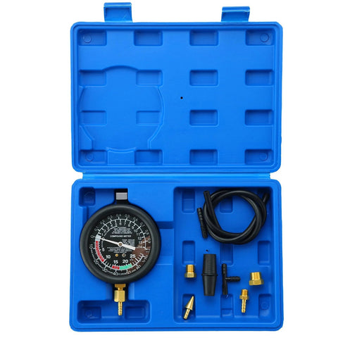 Acymner vacuum and fuel pump tester gauge kit in blue case with pressure gauge, hose, and brass adapters.