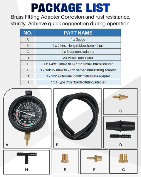 DASBET 8-piece car vacuum and fuel pump tester gauge kit: gauge, hose, brass adapters, plastic connectors